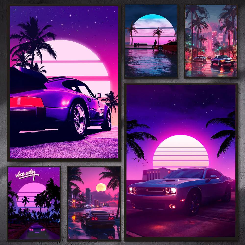 Cyberpunk 80s Retro car city P - Retro Gaming Wallpaper ulasan dan harga