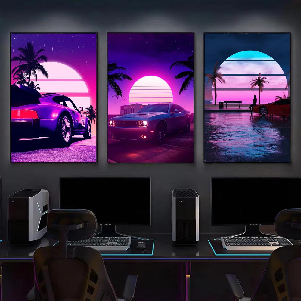 Cyberpunk 80s Retro car city P - Retro Gaming Wallpaper ulasan dan harga